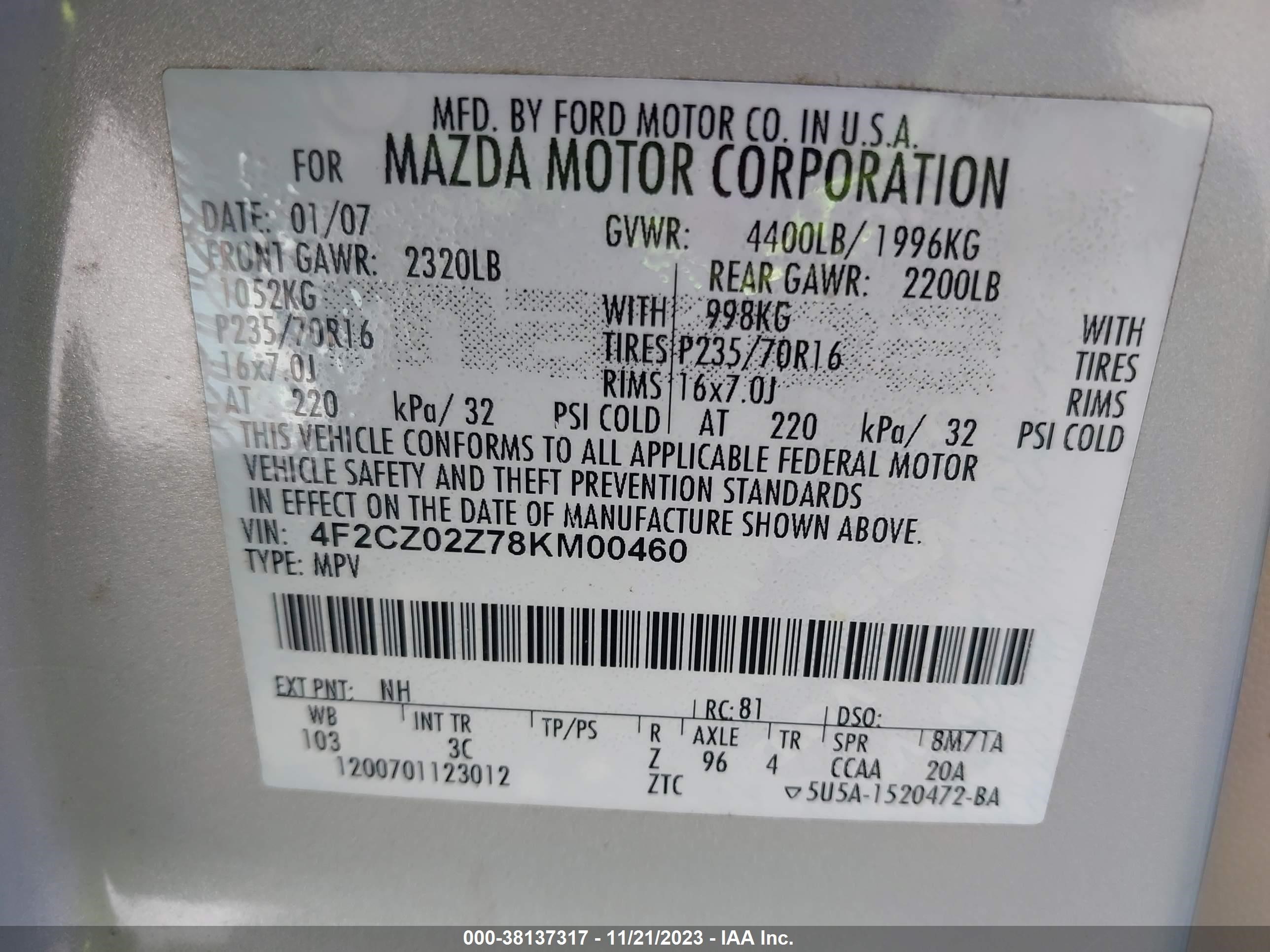 Photo 8 VIN: 4F2CZ02Z78KM00460 - MAZDA TRIBUTE 