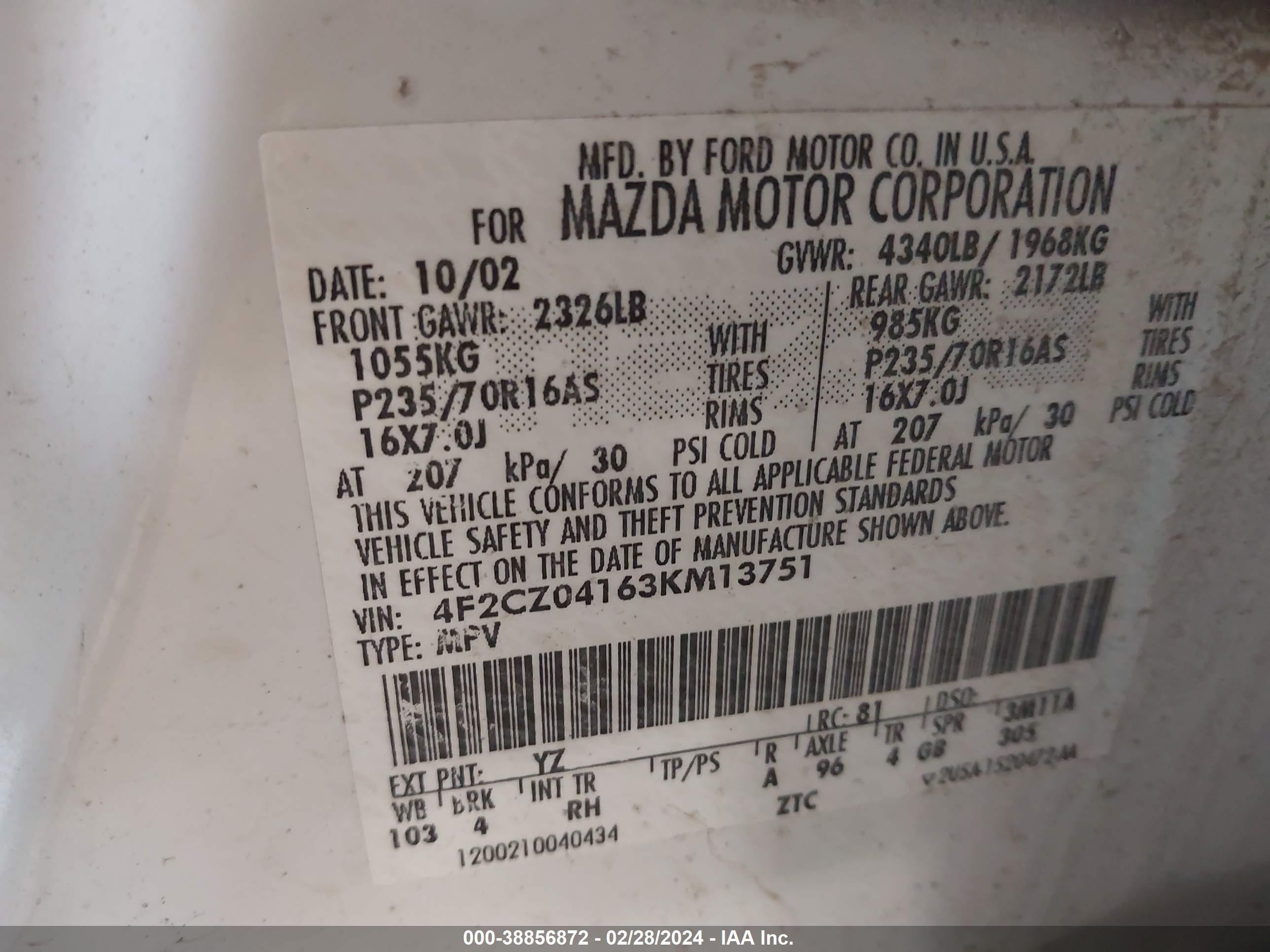 Photo 8 VIN: 4F2CZ04163KM13751 - MAZDA TRIBUTE 