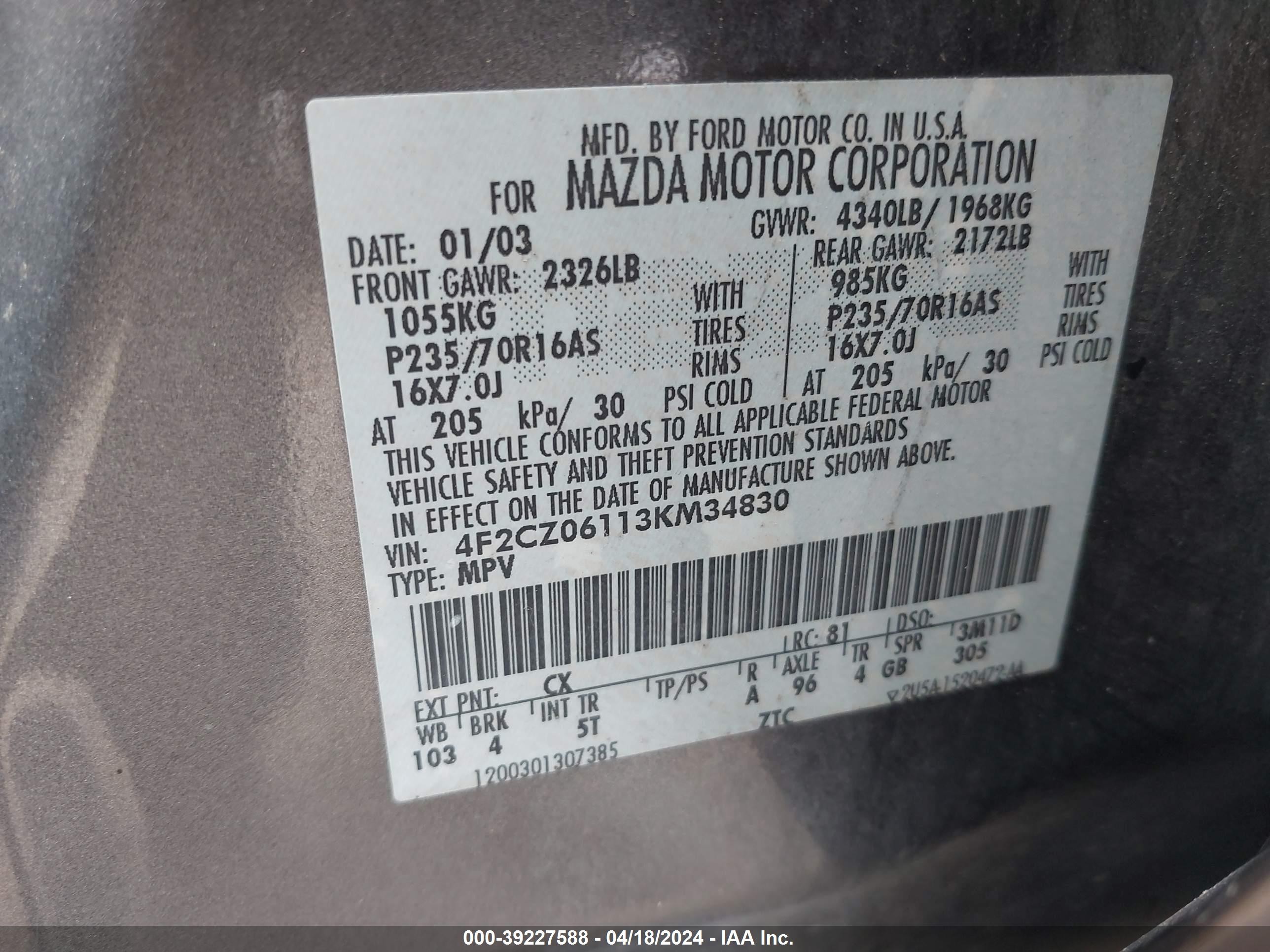 Photo 8 VIN: 4F2CZ06113KM34830 - MAZDA TRIBUTE 