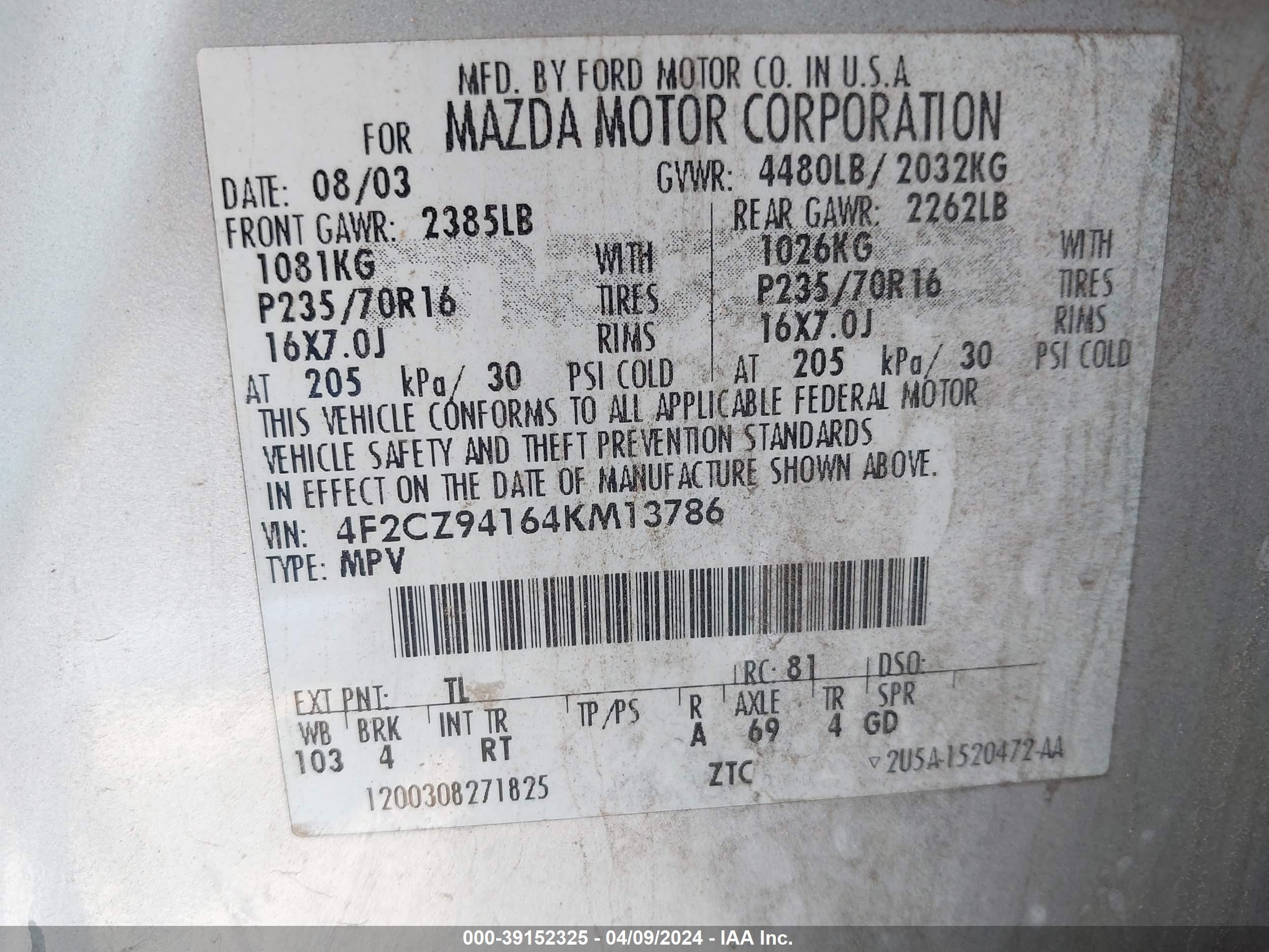 Photo 8 VIN: 4F2CZ94164KM13786 - MAZDA TRIBUTE 