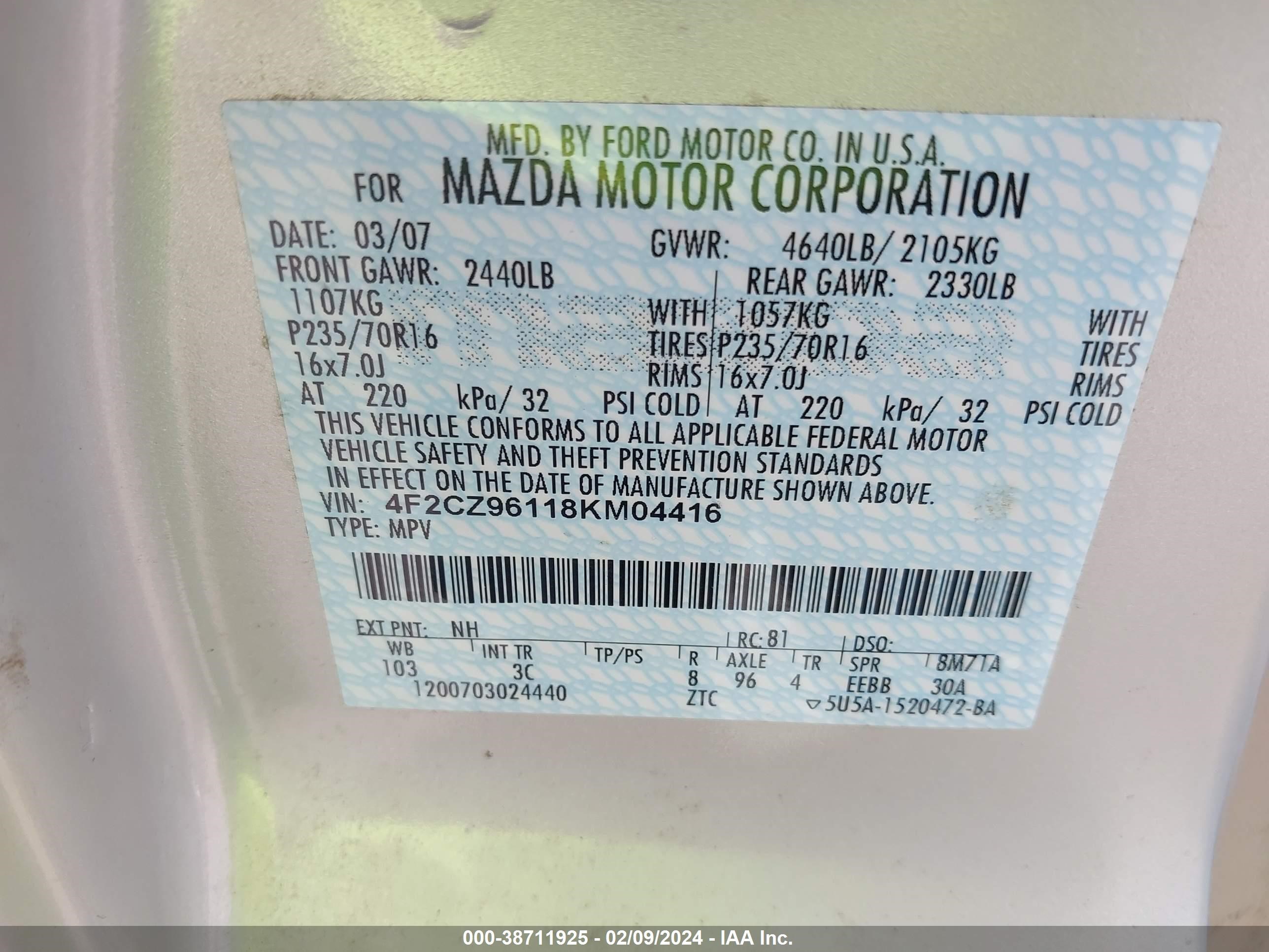 Photo 8 VIN: 4F2CZ96118KM04416 - MAZDA TRIBUTE 