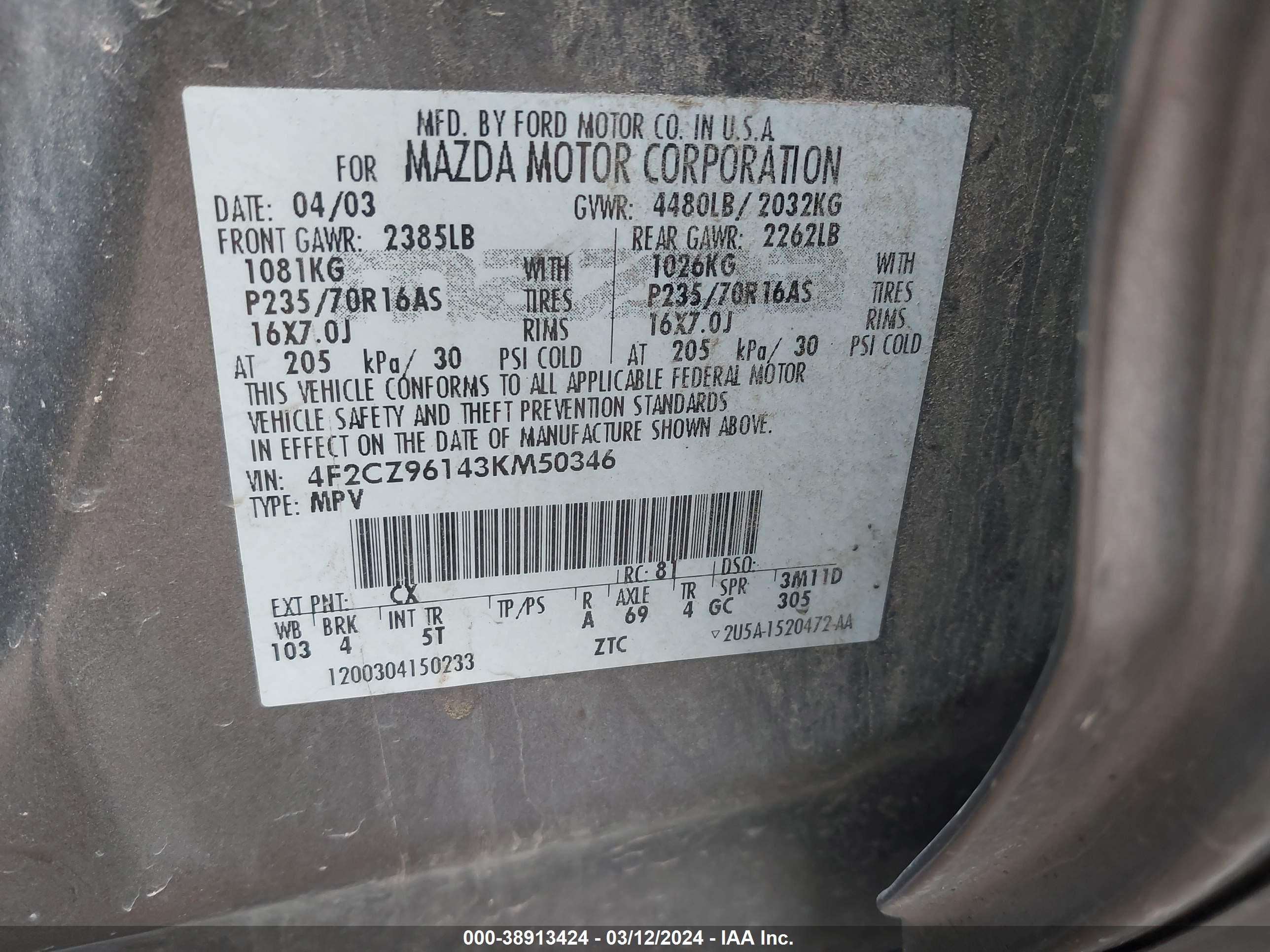 Photo 8 VIN: 4F2CZ96143KM50346 - MAZDA TRIBUTE 