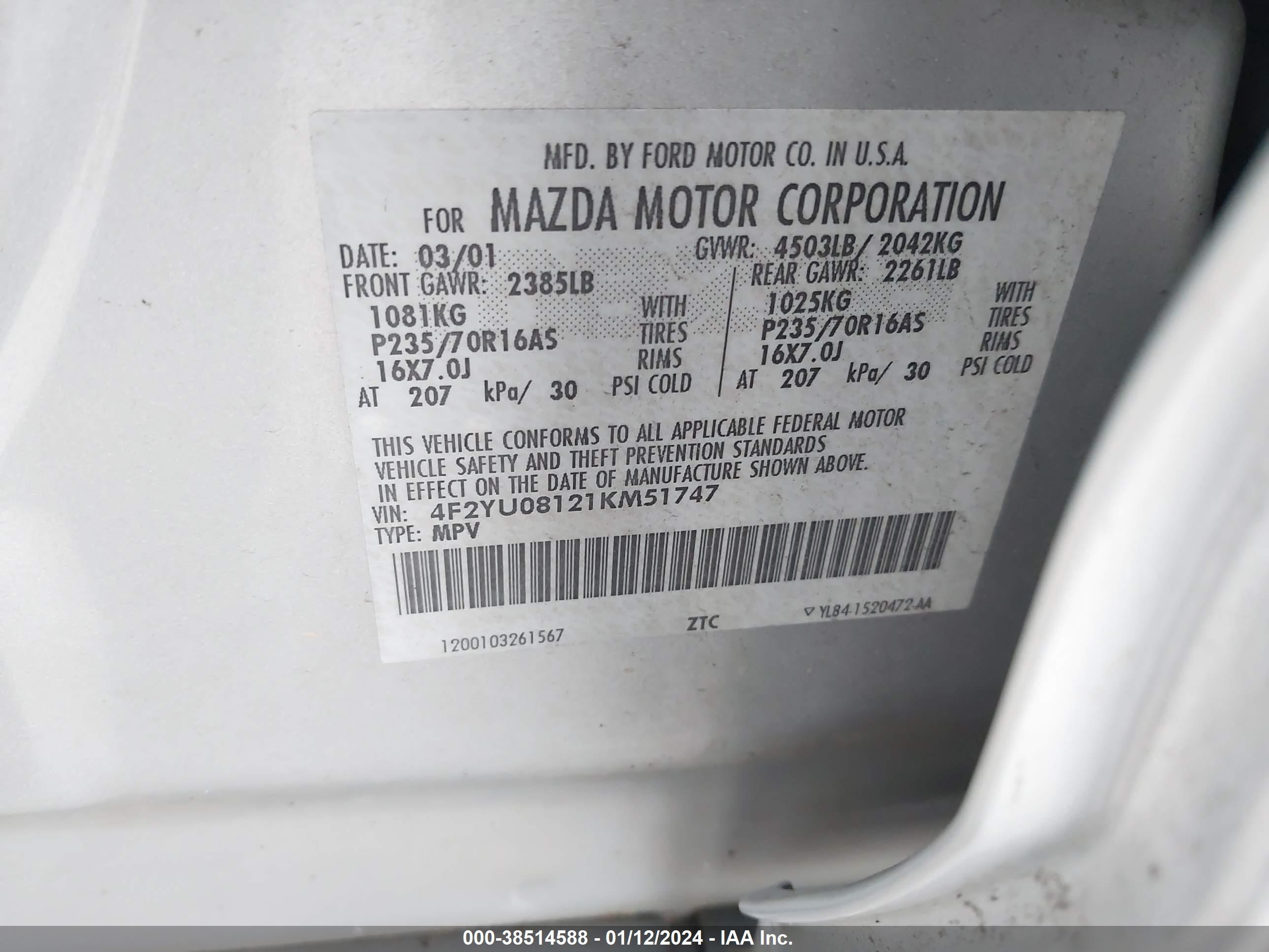 Photo 8 VIN: 4F2YU08121KM51747 - MAZDA TRIBUTE 