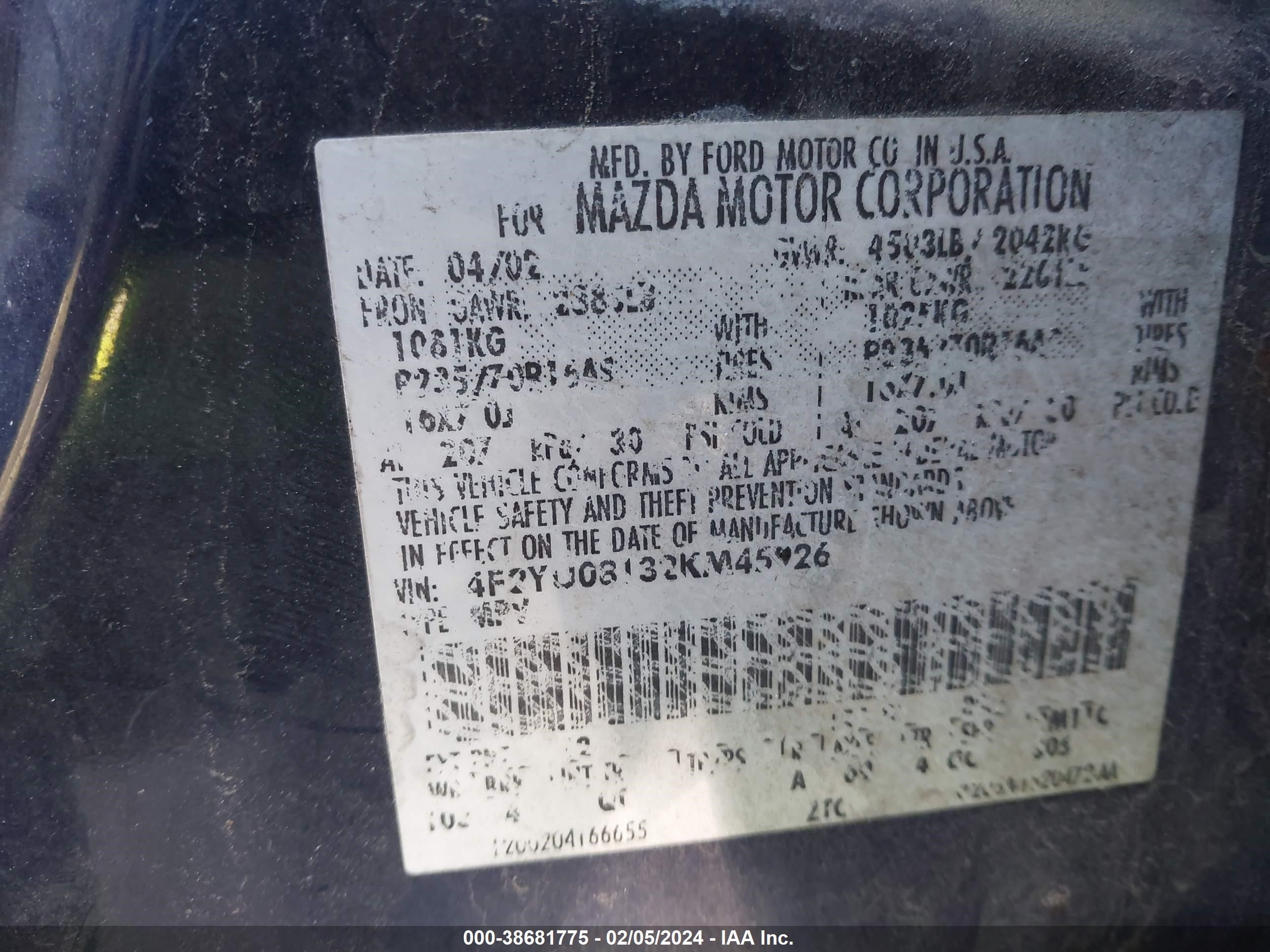 Photo 8 VIN: 4F2YU08132KM45926 - MAZDA TRIBUTE 