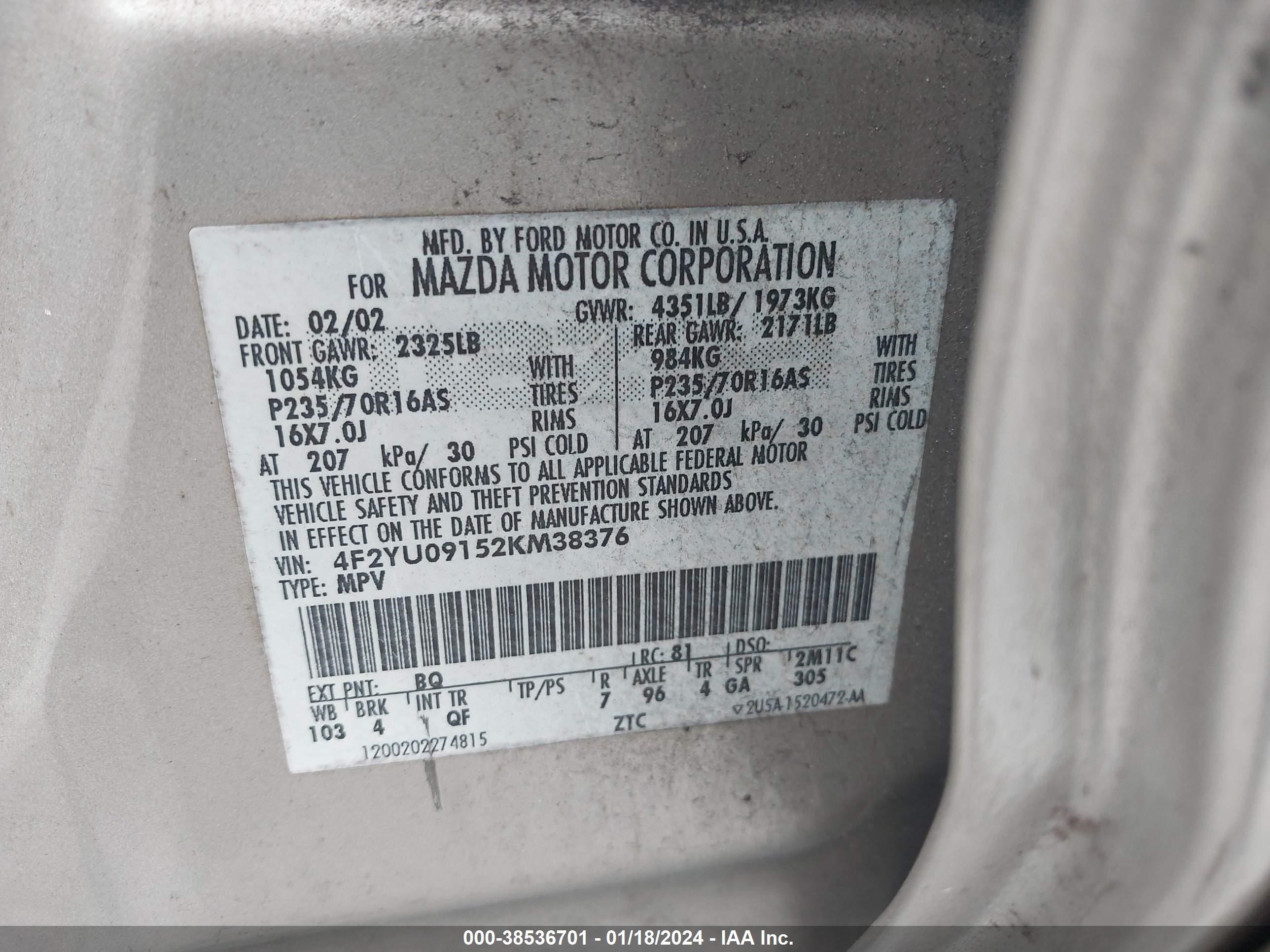 Photo 8 VIN: 4F2YU09152KM38376 - MAZDA TRIBUTE 