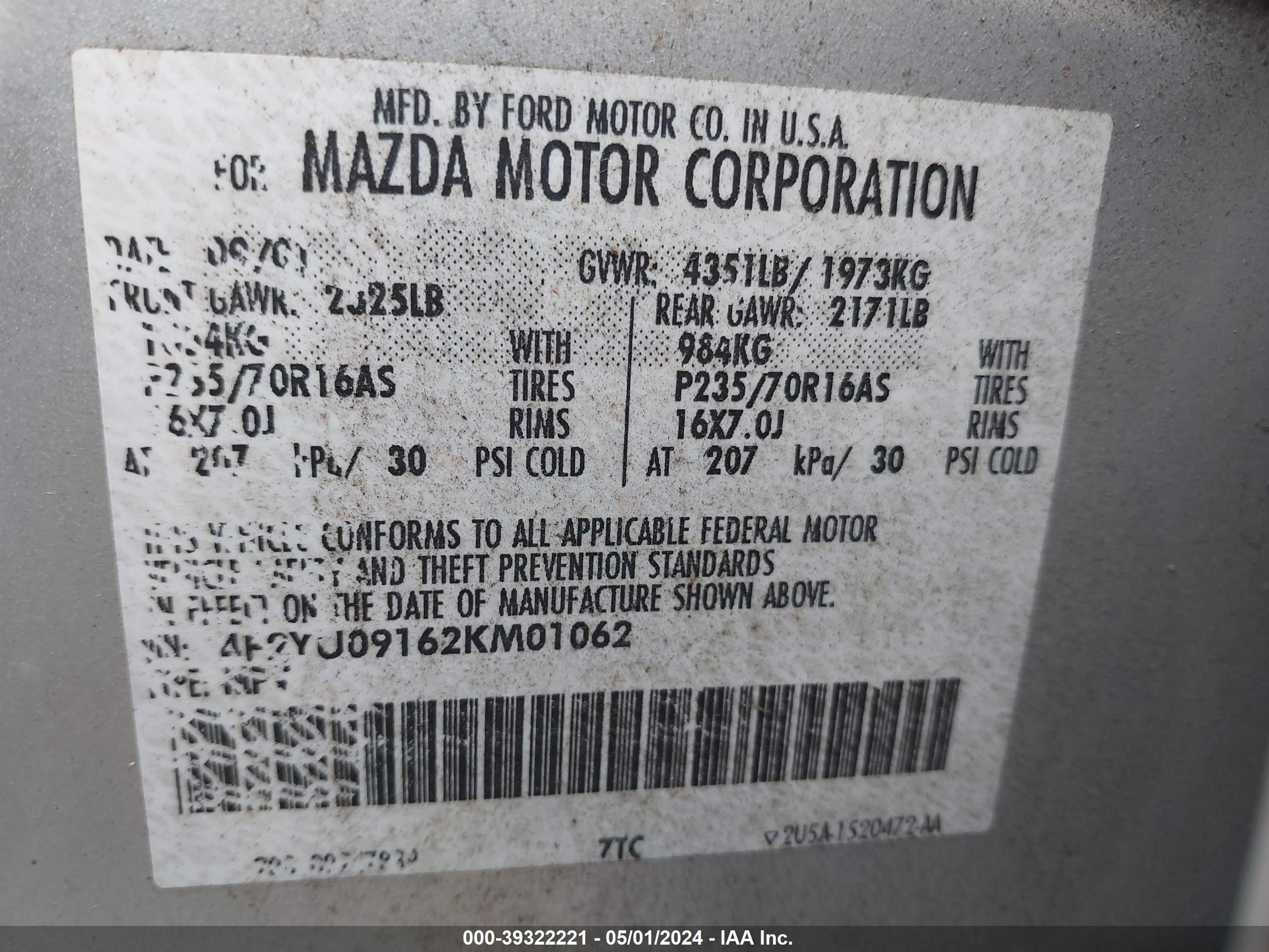 Photo 8 VIN: 4F2YU09162KM01062 - MAZDA TRIBUTE 