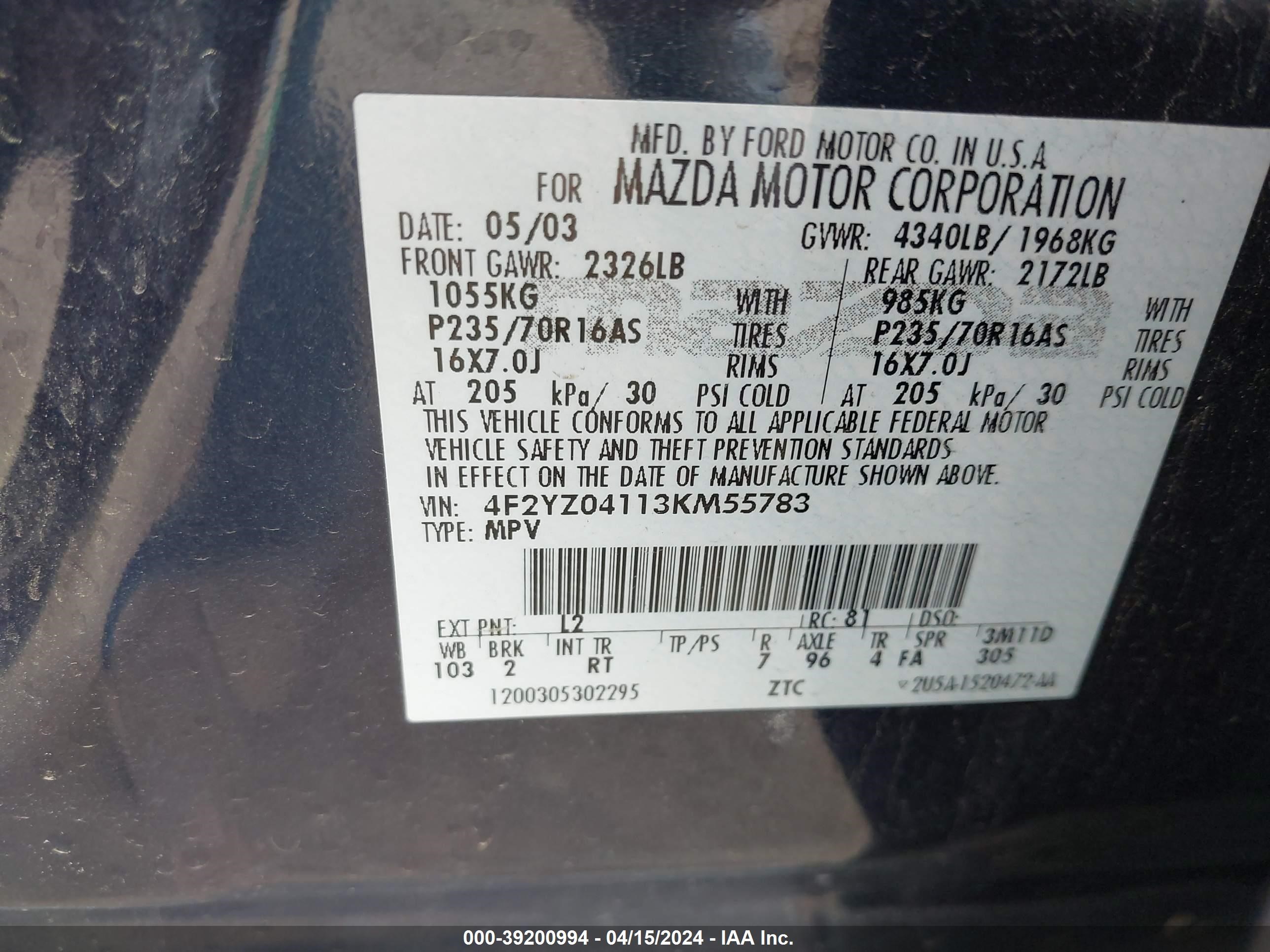 Photo 8 VIN: 4F2YZ04113KM55783 - MAZDA TRIBUTE 