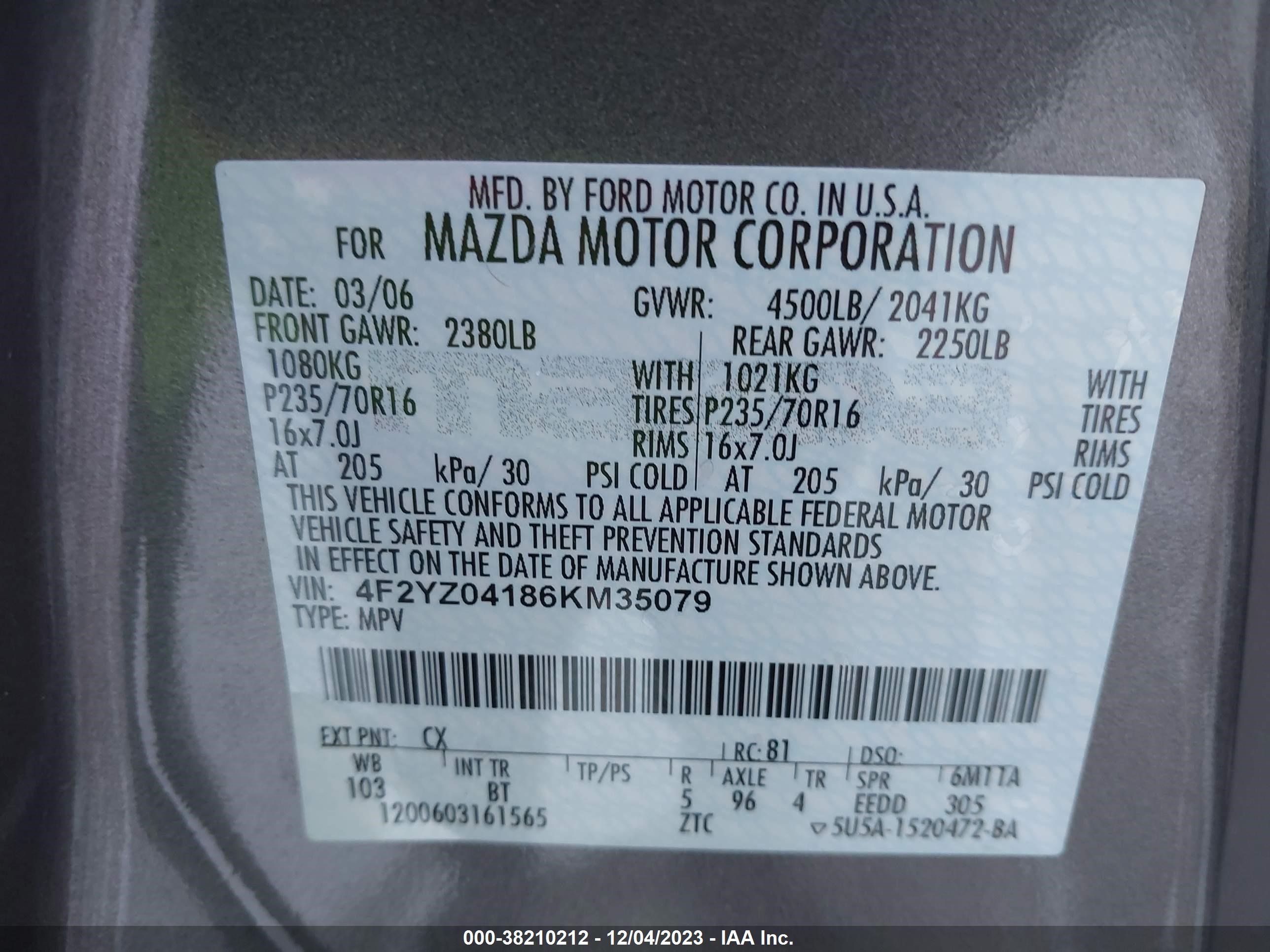 Photo 8 VIN: 4F2YZ04186KM35079 - MAZDA TRIBUTE 