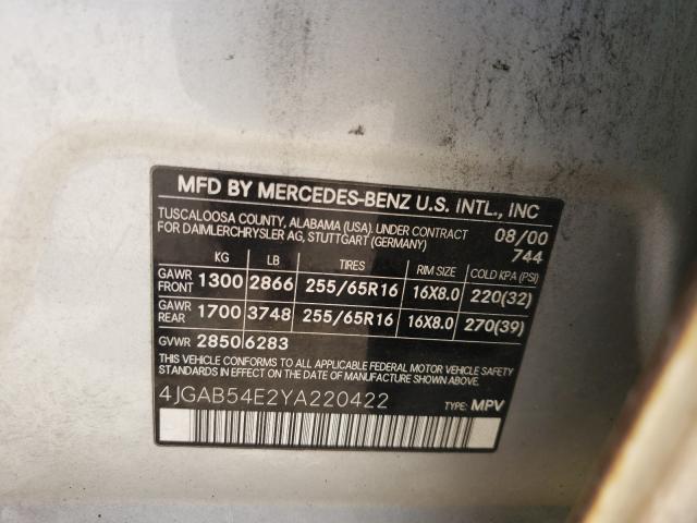 Photo 9 VIN: 4JGAB54E2YA220422 - MERCEDES-BENZ ML 320 