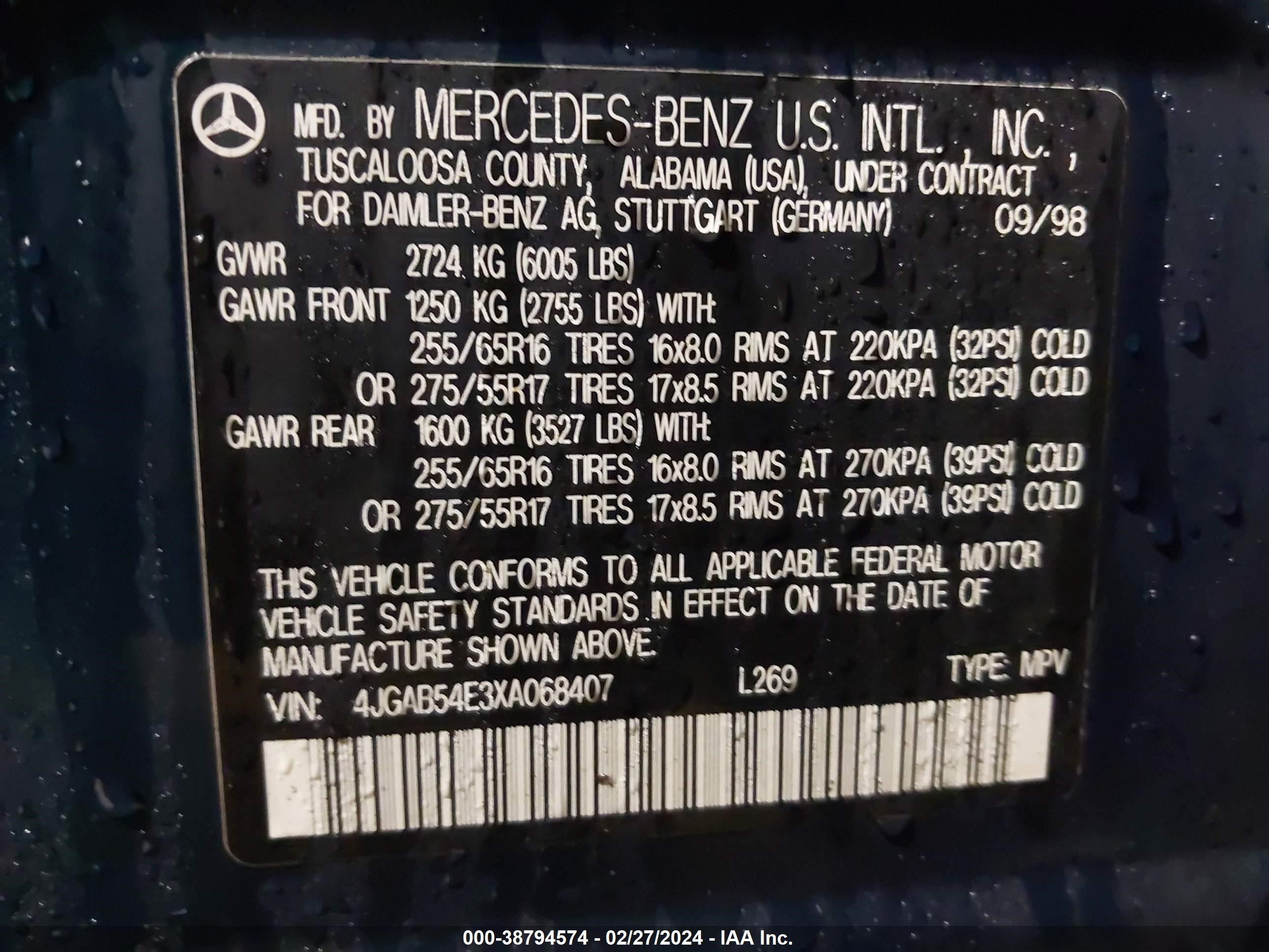 Photo 8 VIN: 4JGAB54E3XA068407 - MERCEDES-BENZ NULL 