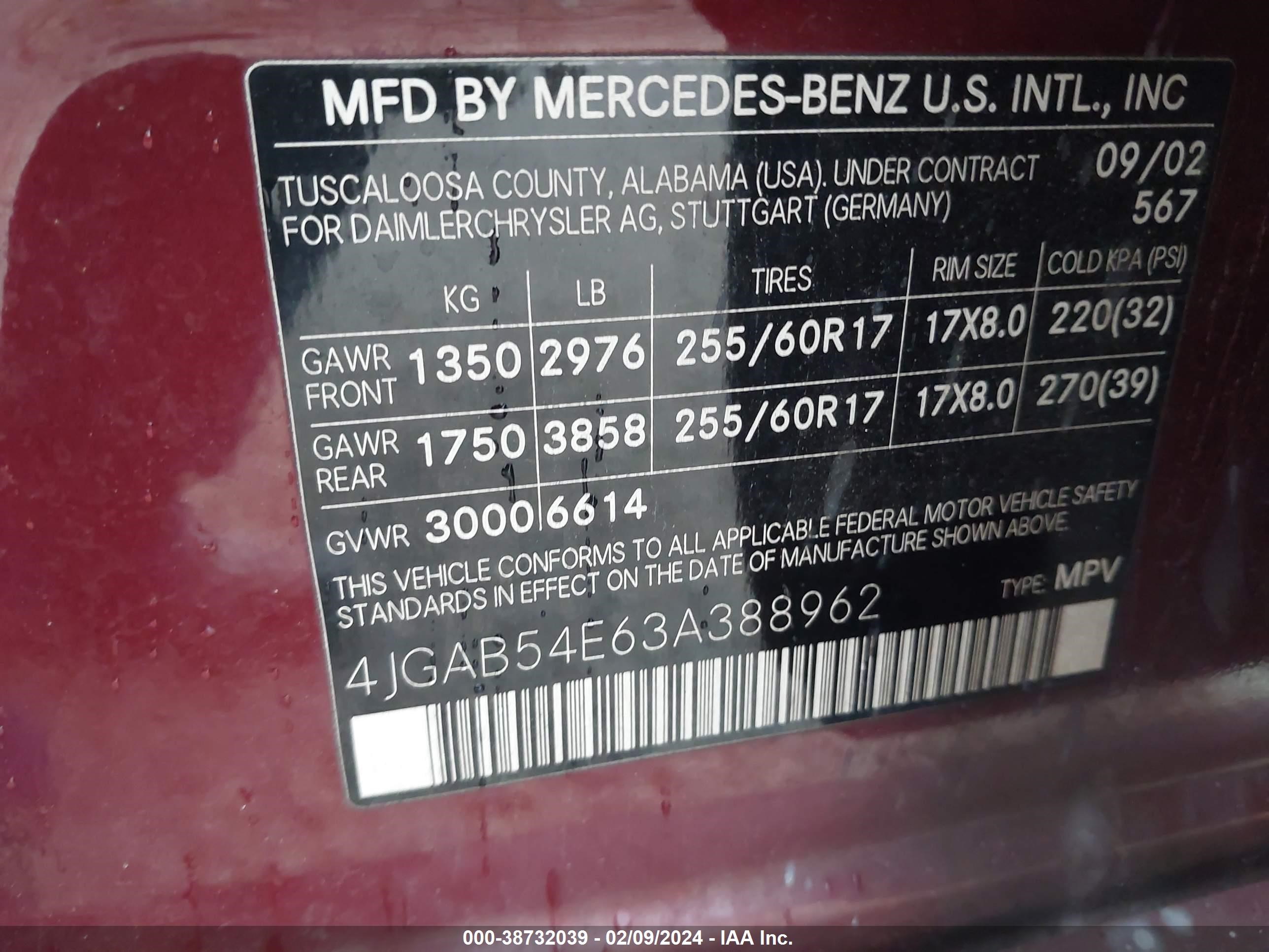 Photo 8 VIN: 4JGAB54E63A388962 - MERCEDES-BENZ M-KLASSE 