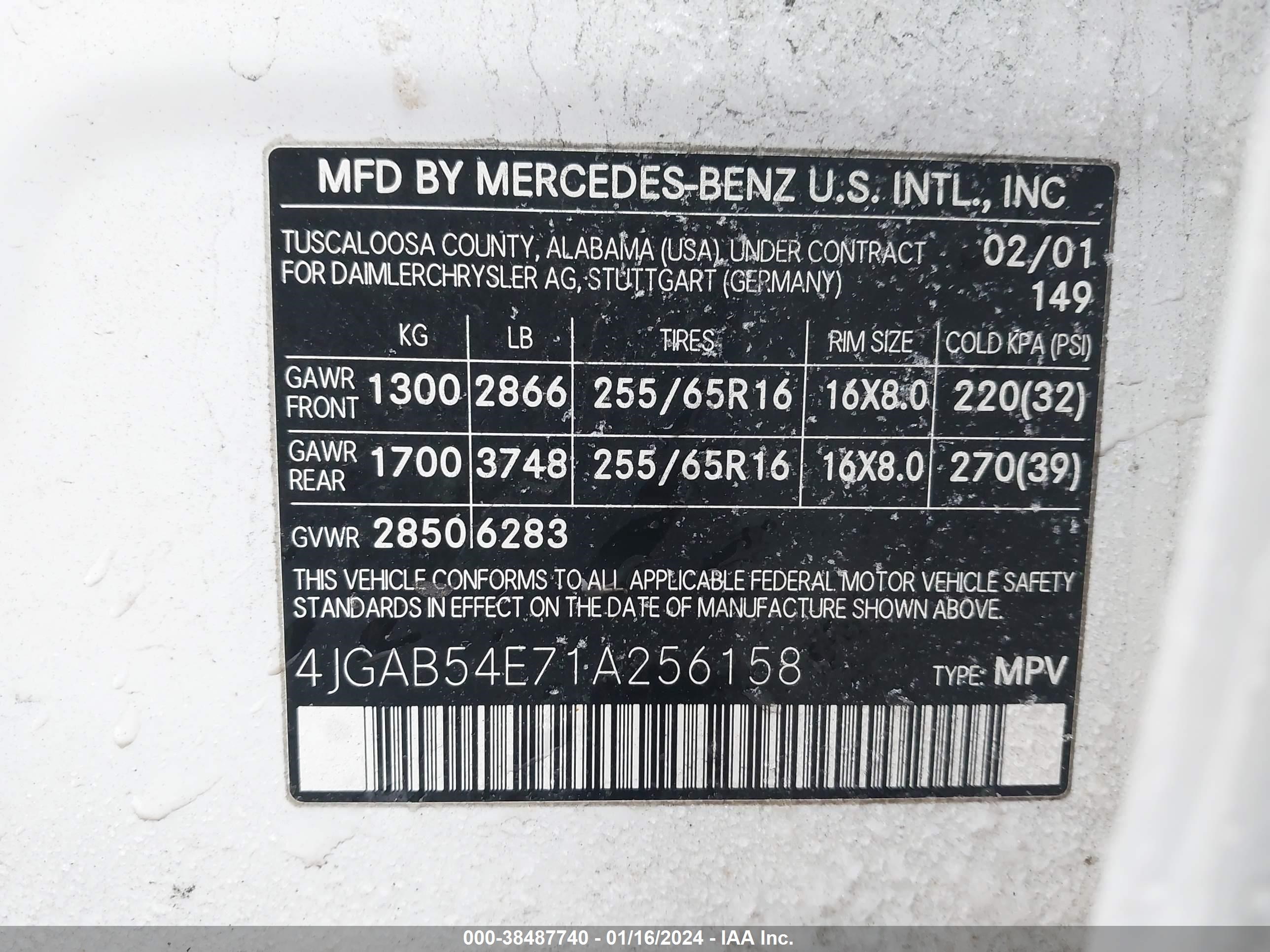 Photo 8 VIN: 4JGAB54E71A256158 - MERCEDES-BENZ M-KLASSE 