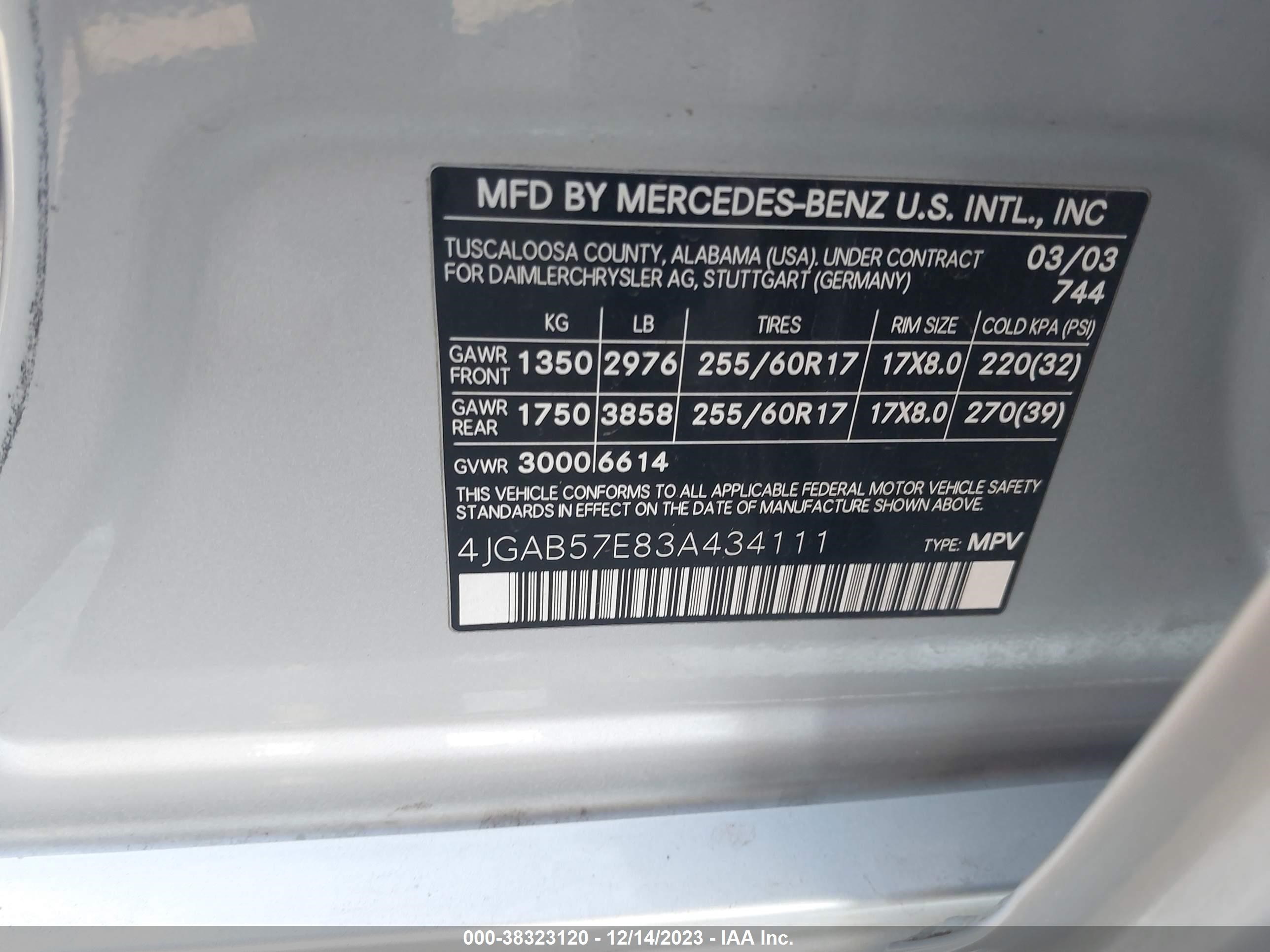 Photo 8 VIN: 4JGAB57E83A434111 - MERCEDES-BENZ M-KLASSE 