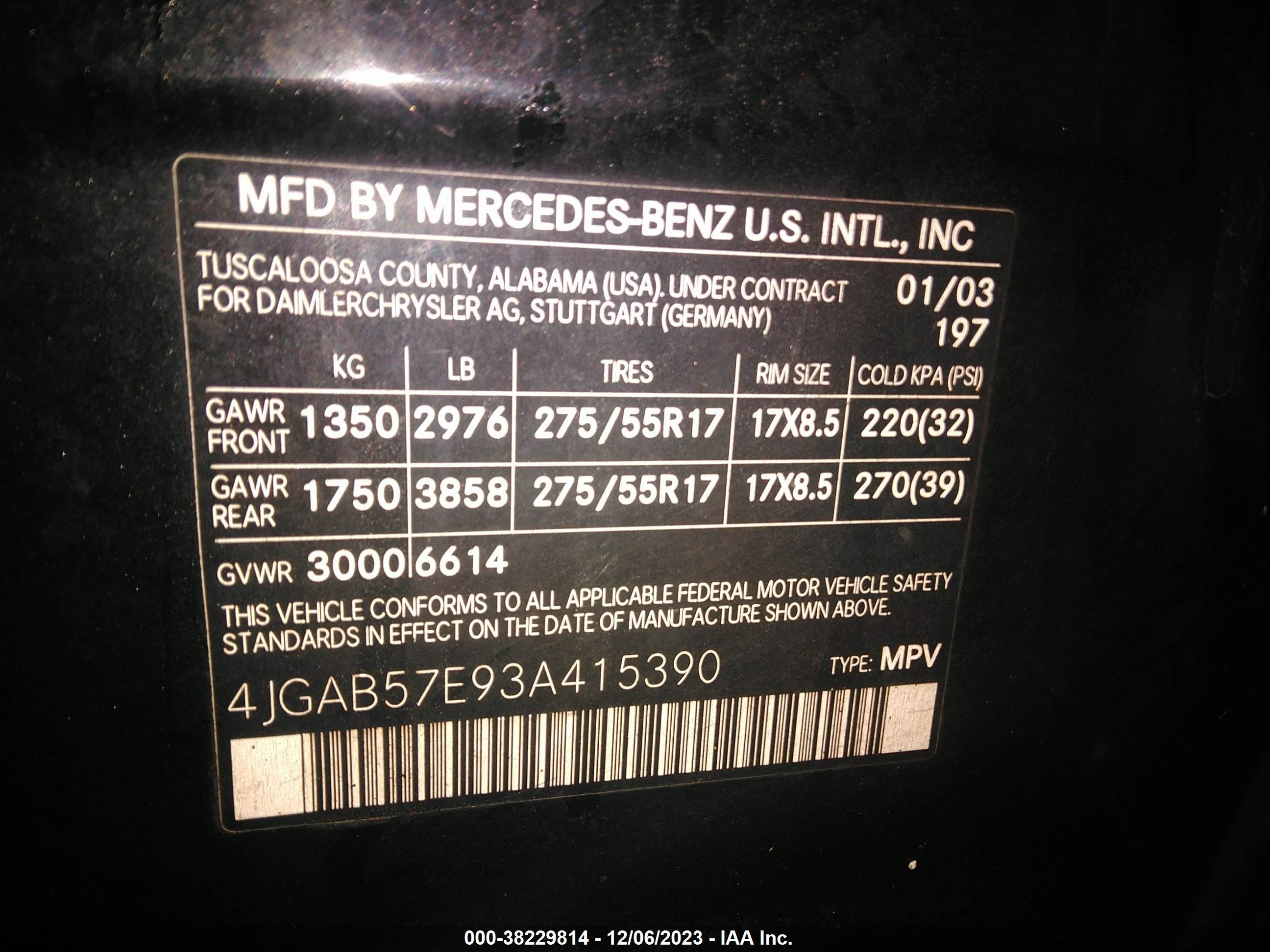 Photo 8 VIN: 4JGAB57E93A415390 - MERCEDES-BENZ M-KLASSE 