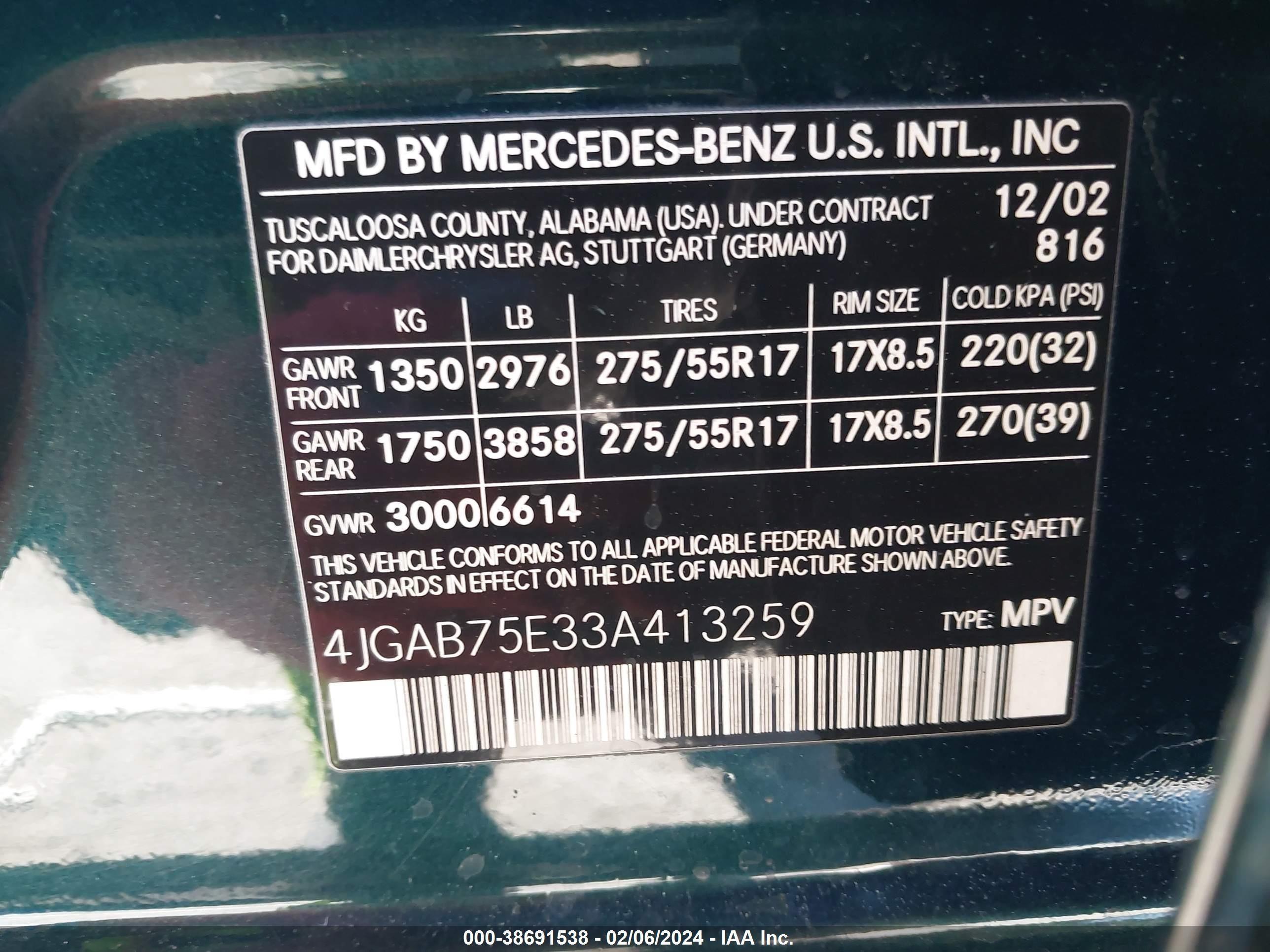 Photo 8 VIN: 4JGAB75E33A413259 - MERCEDES-BENZ M-KLASSE 