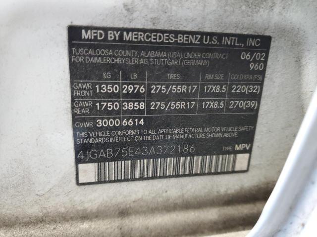 Photo 12 VIN: 4JGAB75E43A372186 - MERCEDES-BENZ ML 500 