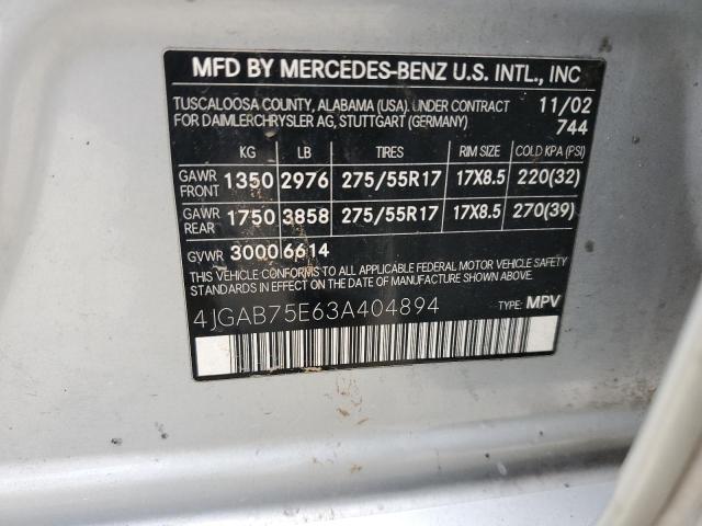 Photo 12 VIN: 4JGAB75E63A404894 - MERCEDES-BENZ ML 500 