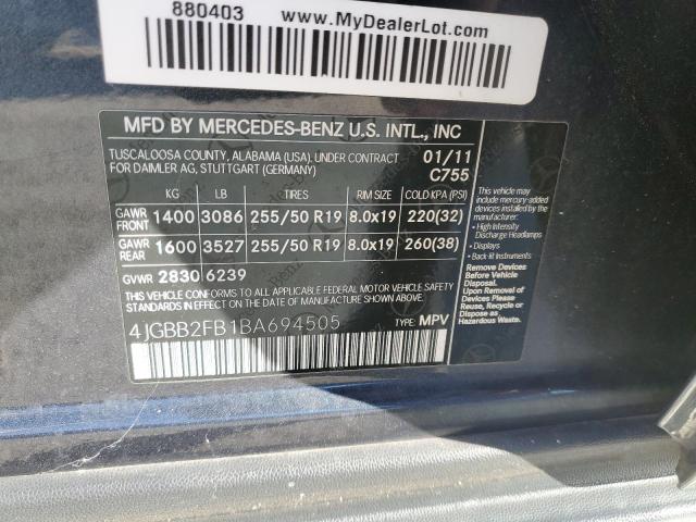 Photo 12 VIN: 4JGBB2FB1BA694505 - MERCEDES-BENZ ML 350 BLU 