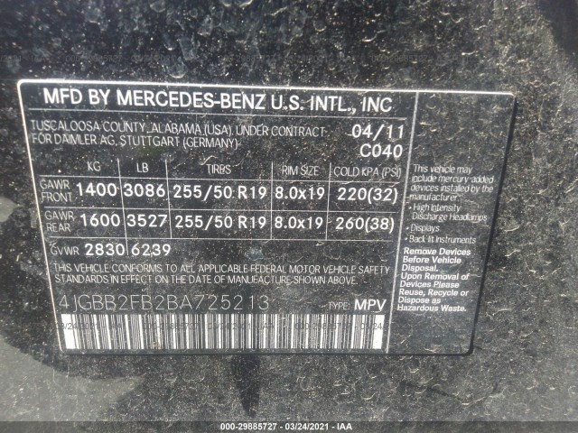 Photo 8 VIN: 4JGBB2FB2BA725213 - MERCEDES-BENZ M-CLASS 