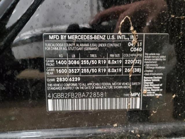 Photo 11 VIN: 4JGBB2FB2BA728581 - MERCEDES-BENZ ML 350 BLU 