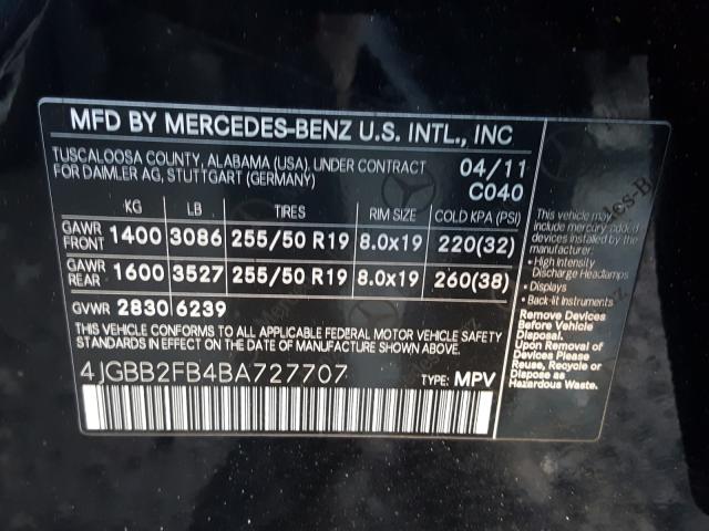 Photo 9 VIN: 4JGBB2FB4BA727707 - MERCEDES-BENZ ML 350 BLU 