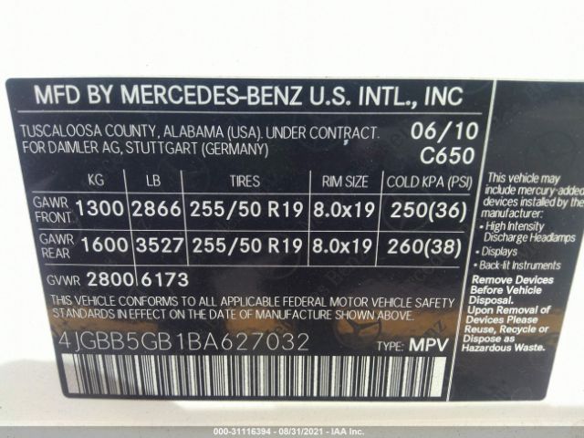 Photo 8 VIN: 4JGBB5GB1BA627032 - MERCEDES-BENZ M-CLASS 