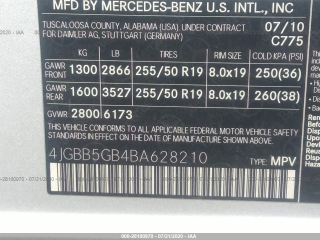 Photo 8 VIN: 4JGBB5GB4BA628210 - MERCEDES-BENZ M-CLASS 