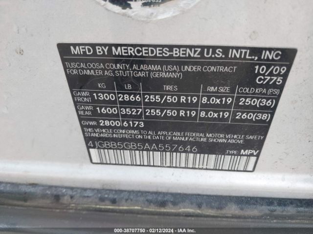 Photo 8 VIN: 4JGBB5GB5AA557646 - MERCEDES-BENZ ML 350 