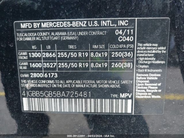 Photo 8 VIN: 4JGBB5GB5BA725481 - MERCEDES-BENZ ML 350 