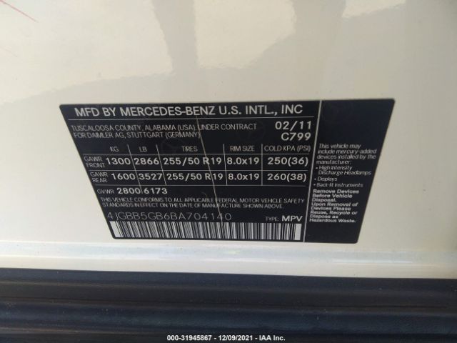 Photo 8 VIN: 4JGBB5GB6BA704140 - MERCEDES-BENZ M-CLASS 