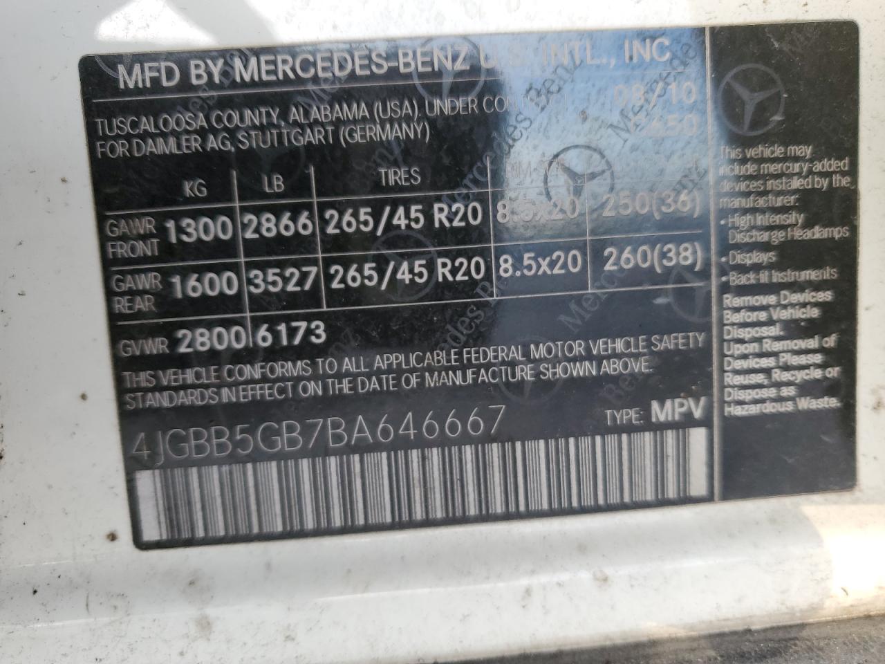 Photo 12 VIN: 4JGBB5GB7BA646667 - MERCEDES-BENZ M-KLASSE 