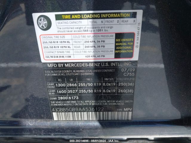 Photo 8 VIN: 4JGBB5GB9AA536122 - MERCEDES-BENZ ML 350 