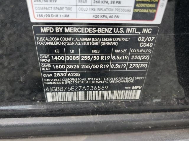 Photo 11 VIN: 4JGBB75E27A236889 - MERCEDES-BENZ ML 500 