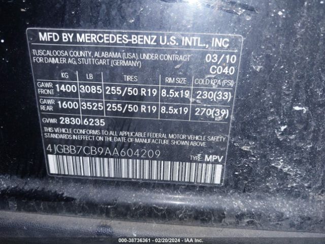 Photo 8 VIN: 4JGBB7CB9AA604209 - MERCEDES-BENZ ML 550 