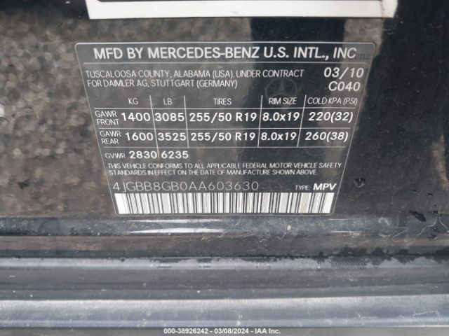 Photo 8 VIN: 4JGBB8GB0AA603630 - MERCEDES-BENZ ML 350 