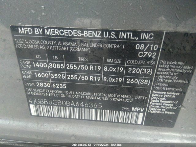 Photo 8 VIN: 4JGBB8GB0BA646365 - MERCEDES-BENZ ML 350 