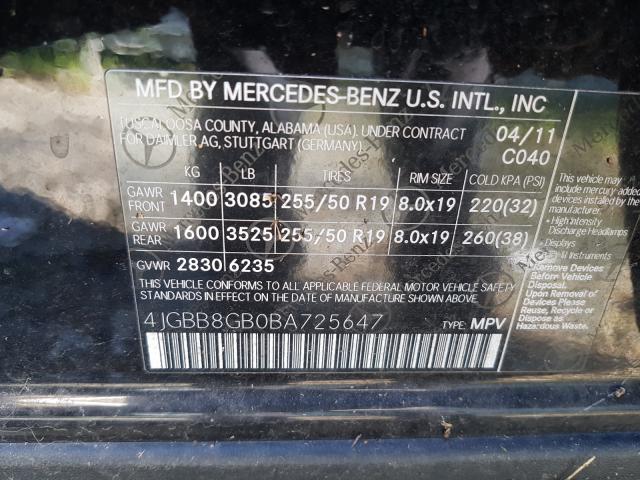 Photo 9 VIN: 4JGBB8GB0BA725647 - MERCEDES-BENZ ML 350 4MA 