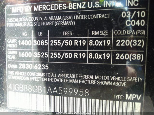 Photo 8 VIN: 4JGBB8GB1AA599958 - MERCEDES-BENZ M-CLASS 