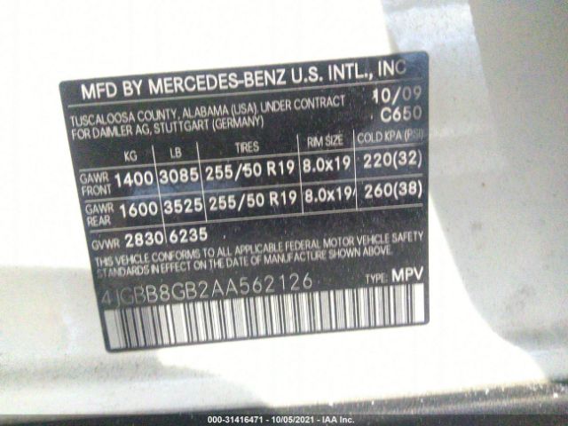 Photo 8 VIN: 4JGBB8GB2AA562126 - MERCEDES-BENZ M-CLASS 