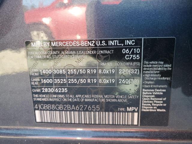 Photo 12 VIN: 4JGBB8GB2BA627655 - MERCEDES-BENZ M-CLASS 