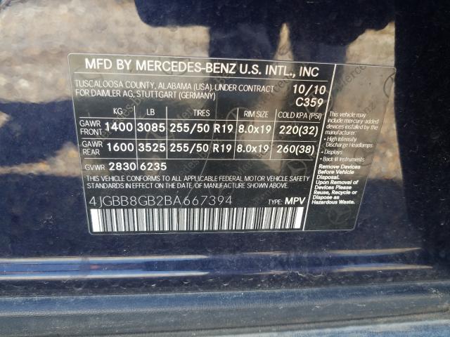 Photo 9 VIN: 4JGBB8GB2BA667394 - MERCEDES-BENZ ML 350 4MA 