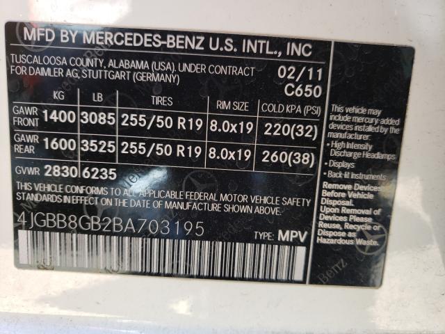 Photo 9 VIN: 4JGBB8GB2BA703195 - MERCEDES-BENZ ML 350 4MA 