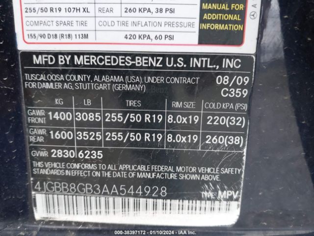 Photo 8 VIN: 4JGBB8GB3AA544928 - MERCEDES-BENZ ML 350 