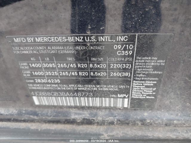 Photo 8 VIN: 4JGBB8GB3BA648773 - MERCEDES-BENZ ML 350 