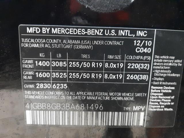 Photo 9 VIN: 4JGBB8GB3BA681496 - MERCEDES-BENZ ML 350 4MA 