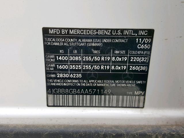 Photo 9 VIN: 4JGBB8GB4AA571149 - MERCEDES-BENZ ML 350 4MA 