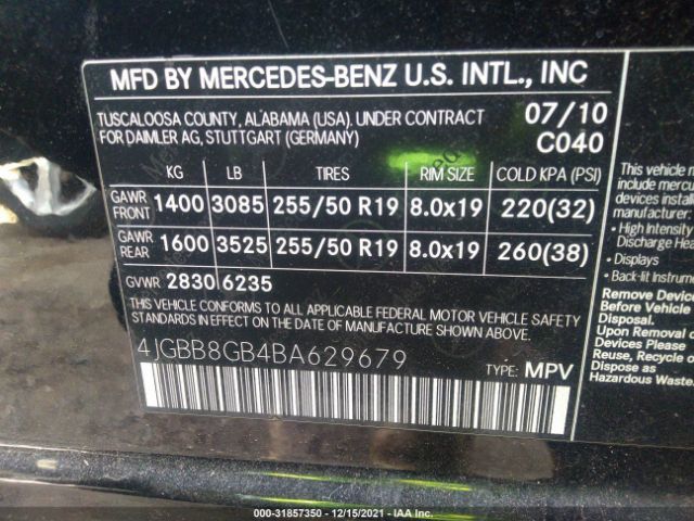 Photo 8 VIN: 4JGBB8GB4BA629679 - MERCEDES-BENZ M-CLASS 