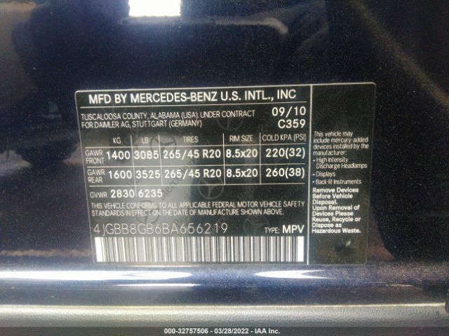 Photo 8 VIN: 4JGBB8GB6BA656219 - MERCEDES-BENZ M-CLASS 