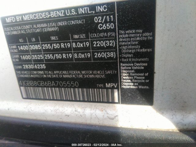 Photo 8 VIN: 4JGBB8GB6BA705550 - MERCEDES-BENZ ML 350 