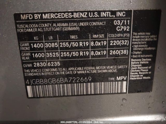 Photo 8 VIN: 4JGBB8GB6BA722669 - MERCEDES-BENZ ML 350 